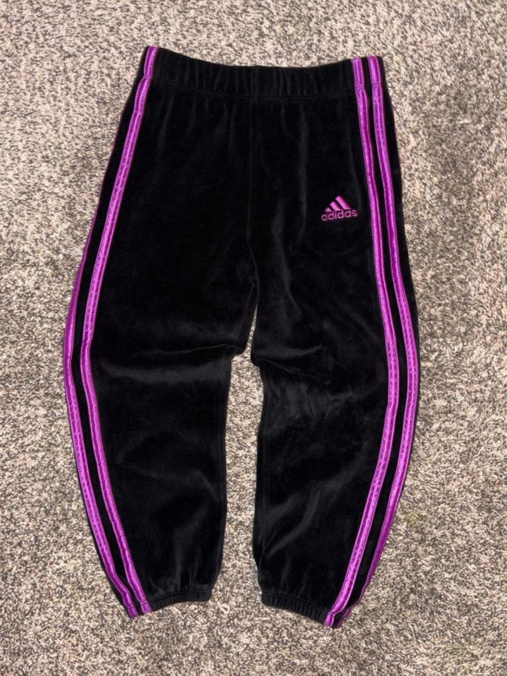 adidas Black Velour Joggers with Purple Stripes